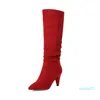 Bottes Marque Design Femmes Genou High Spike Talon Bout Pointu Mode Plissé Chaussures Pour Femmes Noir Rouge Beige