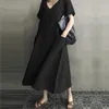 Bawełniana lniana V-Neck Maxi Sukienka Kobiety Lato Vintage Plus Rozmiar M-5XL Długa sukienka Casual Krótki Rękaw Kieszenie Vestidos 10139 210518