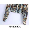 KPYTOMOA Kvinnor Fashion with Bow Tie Floral Print Croped Bluses Vintage Long Sleeve Buttonup Female Shirts Chic Tops 210401