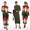 Etnische kleding 2 stuk Dames Gebreide Maxi Winter Set Lange Mouw Knitwear Jurk en Diamond Colored Pattern Cardigan Muslim Mode 2021