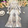 LDYRWQY summer European and American retro print temperament lapel bubble sleeve slim dress Office Lady 210416