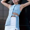 TWOTWINSTYLE Lace Up Bowknot Denim Vest per le donne O Collo senza maniche Scava fuori Casual Gilet Abbigliamento moda femminile 211120