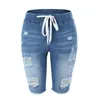 Summer Denim Ripped Bermuda Shorts Women Blue Drawstring Closure Distressed Knee Length Stretch Short Jeans 210724