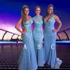 Vintage Mermaid Light Sky Blue Bridesmaid Dresses High Neck Lace Major Beaded 2022 Maid of Honor Long Evening Prom Party Wedding Guest Gowns