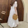 Fashion Korea Chic Temperament Elegant Loose Embroidered Lace Hollow Out Dresses Women's Sexy V-Neck Puff Sleeve Vestidos 210520