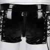 Womens Wetlook Sexy Mini Shorts Leather Low Rise Hollow Out Lace-up Zipper Crotch Booty for Night Cocktail Party Clubwear 210719