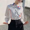 Рубашка граффити женщин корейская мода выключить воротник с длинным рукава