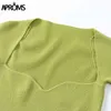 Aproms Green Square Neck Ribbed Gestricktes T-Shirt Frauen Sexy Einfarbig High Strench T-Shirt Coole Mädchen Street Style Crop Top 210330