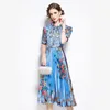 Fashion Elegant Woman Dress Bowknot Collar Short Sleeve Lace Patchwork Printed Pleated Dress Summer Dress Women Vestido 210514