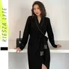 Shiny Vintage Black Chiffon Sashes Wrap Dress Ladies Long Sleeve Elegant Party Dresses Spring Autumn Women Clothes Vestidos 210608