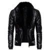 Men's Fur & Faux Trendy Collar Detachable Leather Jacket Men Fashion Motocycle Jackets Coats Slim Fit Windproof Warm