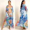 Blue Boho Printed Bikini Cover-ups Long Kimono Cardigan Cotton Tunic Plus Size Women Summer Beach Wear Swim Suit Cover Up Q1059 210420
