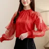 Fashion Womens Tops and Blouses See Through Lace Shirts Women Wild Ruffled Chiffon Women's Blouse Vintage Top Female 2551 210427