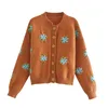 Höst Casual Chic Floral Broderi Stickade Cardigans Kvinnor Fall Fashion O-Neck Cardigan Sweater Kvinna Lösa Tröjor 210508