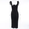 夏のボディコンのドレスの女性パーティードレス新しい到着羽の黒いボディコンドレスセレブイブニングクラブドレス210422