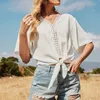 Women Summer Casual T-shirt Solid White Ladies Tshirts V-neck Bandage Hollow Out Loose Fashion Female Tee Tops Simple 210518