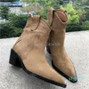 Boots High Quality Suede Brown Pointed Toe Short Booties Woman Stacked Cuban Heel Vintage Shoes Slip On Western Cowboy For Women 6652