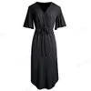 멋진 영원히 여름 여성 클래식 순수한 컬러 Drawstring 드레스 캐주얼 대형 스트레이트 드레스 BTYA202 210419