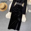 NELLOE V шеи пуловер с длинным рукавом велюровые платья женщины высокая талия бедро линия BodyCon Vestidos старинный темперамент твердый халат 210423