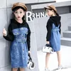 Flickans klänningar för flickor 2022 Spring Fall Denim Patchwork Dress Hooded Girl Long Sleeve Party Teenage Clothing 6 8 10 år