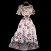 Summer Retro Fashion Embroidered Flowers Vestidos Women's Lace V-neck Hollow Short-sleeved Waist Slimming Midi Dress C786 210506