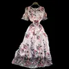 Estate Retro Fashion Fiori ricamati Abiti da donna Pizzo con scollo a V Hollow Vita a maniche corte Abito longuette dimagrante C786 210506