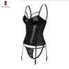 Sangle Femmes Faux Cuir Sexy Dentelle Florale Désossé Overbust Corset Noir Taille Bustier Cincher Top Bodyshaper