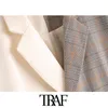TRAF Moda Fashion Patchwork Verificação Assimétrica Blazer Casaco Vintage Manga Longa Amarrado Feminino Outerwear CHIC Tops 210415