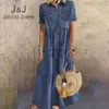 JOCOO Jolee Artı Boyutu 3XL Kadınlar Yaz Denim Elbise Retro Kadınlar Kısa Kollu Polo Boyun Cepler Düğme Uzun Gevşek Jean Elbise 210518