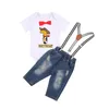 Clothing Sets 0-24M Baby Boys 2 PCs Outfits Cartoon Letter Printed Bow Tie Romper + Denim Ripped Suspender Gentleman Pants For Birthday