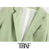 TRAF Women Fashion Office Wear Single Button Linnen Blazer Jas Vintage Lange Mouw Zakken Vrouwelijke Bovenkleding Chic Tops 210415