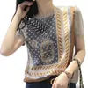 Fashion Women's Knitwear Summer Printed Silk Stitching Knitted Temperament All-match Short Sleeve T-shirt 210520