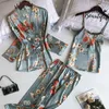 3PCS Frauen Pyjamas Set Dame Emulation Seide Pyjama Sets Blume Nachtwäsche Weibliche Leopard Satin Homewear Mit Abnehmbare Gepolsterte 210928