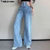 Streetwear Side Cross Chain Creux Out Wide-Jamge Femme Jeans Taille Haute Pantalon Sexy Élégant Dames Europe Mode Femme 210922