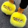 Fluffy Flip Flops Real Raccoon Fur Slippers Designer Golden Chain Ry Slides Plush Beach Kvinnor Sommar Sandaler 210928