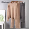 Hirsionsan Basic Deux Pièces Tricoté Pantalon Lâche et O Cou Chandail Femmes Automne Hiver Chaud Ensembles Survêtements Femme Pulls 211116