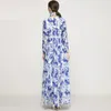 Runway Designer Maxi Vestido Azul Flor Impresso Sashes Chiffon O-pescoço de Manga Longa Parte Casual Vestidos para Mulheres 2XL 210421
