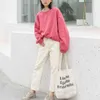 Fleece Sweatshirts Pink Puff Sleeve Crew Neck Solid Loose Pullovers Casual Think Winter H0028 210514