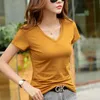 2021 Summer Cuffs V-Neck Short Sleeve Cotton T-Shirts Women Solid Color Burgundy T Shirts Lady Slim Soft Red Green Fashion Tops X0628