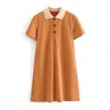 Solide Casual T-shirt Kleid Frauen Kurzarm Sommer Mini Drehen Unten Kragen Süße Tunika es Vestido Mujer 210515