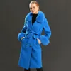 Design Wool Płaszcz Wiosna Real Fox Fur Collar Woolen Kurtka Regulowana Talia Slim Ladies Długi płaszcz