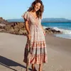 Abito bohemien da spiaggia estivo con stampa floreale per donna Abito da donna a maniche corte con scollo a V femminile Tassel Boho hippie dress Chic 210331