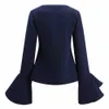 Opruiming Vrouwen Blouse Navy Blue Peplum Tops Shirts Flare Lange Mouw O Neck Remregaulaire Ruffled Dames Vrouwelijke Blusas 210527