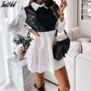 Women Faux Leather Patchwork White Shirt Dress Spring Casual Long Sleeve Plaid Chic Dress Lady Mini A Line Office Vestidos 210514