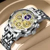 Armbandsur 2021 Lige Mens klockor Rostfritt stål Toppmärke ihåliga Desgin Luxury Waterproof Watch Male Chronograph Quartz Hour R276U