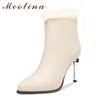 Véritable cuir super haut talon bottes courtes femmes chaussures bout pointu talons aiguilles fermeture éclair laine fourrure cheville hiver beige 210517