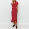 Boho Polka Dot Imprimer Robe Femmes Casual Manches courtes V Cou Rouge Sundress Maxi Femme Plage Irrégulière Split es Robe 210517