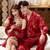 Sexy Ice Silk Pyjama Voor Koppels Lange Mouwen Faux Zijde Dames Dressing Toga Casual Losse Mannelijke Thuis Kleding 2 Stuk Sets 211019