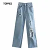 Baggy jeans för kvinna bedrövade Ripped Kneel Hole Female High Waist Denim Pants Streetwear 210.421