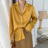 Ankomst Höst Korea Fashion Notched Collar Single-breasted Yellow T Shirts Loose Satin Women Blusas Mujer S447 210512